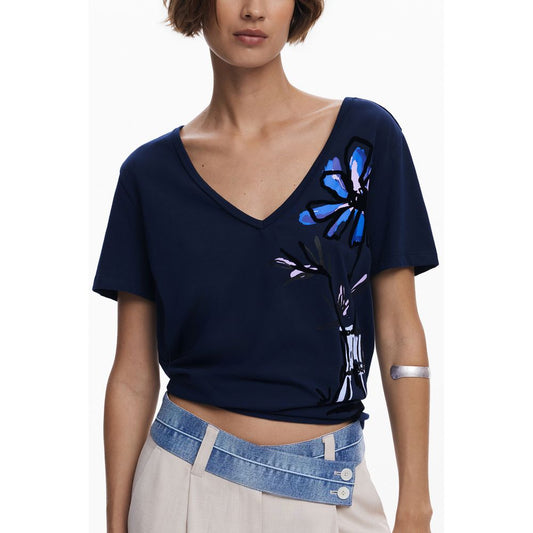 Desigual Blue Cotton Women T-Shirt with V-neck and floral print, featuring iconic logo. Short-sleeved fashion statement.