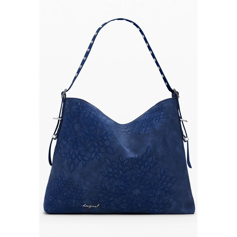 Desigual Blue Polyethylene Women Handbag with floral embroidery and adjustable strap.