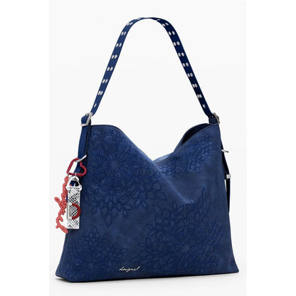 Desigual Blue Polyethylene Women Handbag with embroidery and adjustable strap for versatile style.