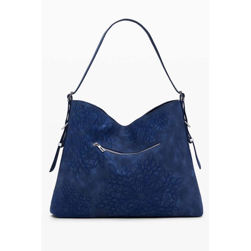 Desigual Blue Polyethylene Women Handbag with embroidery details and adjustable shoulder handle.