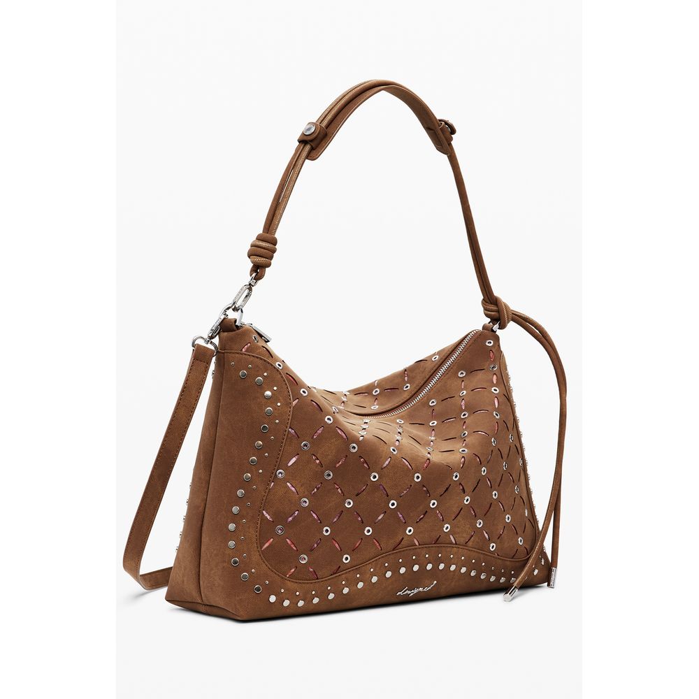 Desigual Brown Polyethylene Women Handbag with adjustable strap and studded design, ideal for stylish, everyday use.