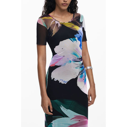 Desigual Black Polyester Women Dress with short sleeves and colorful patterns, showcasing bold and playful design.