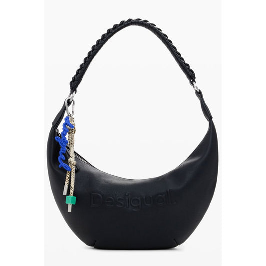 Desigual Black Polyethylene Women Handbag with unique relief print logo, removable handle, and adjustable straps for versatile styling.