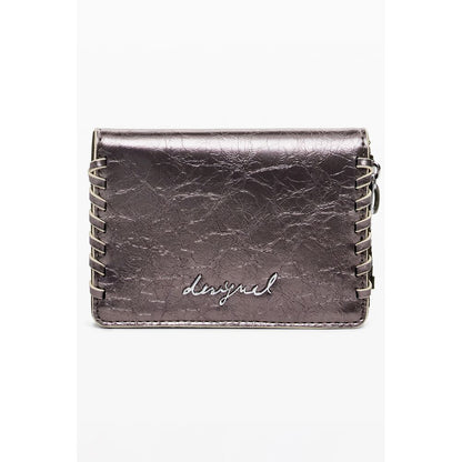Desigual Bronze Polyethylene Women Wallet with signature embroidery and zip closure, front view.