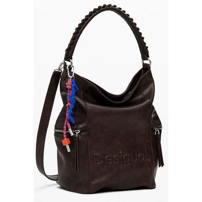 Desigual Brown Polyethylene Women Backpack with Africa-inspired logo and tactile relief print, perfect for trendsetters seeking standout accessories.