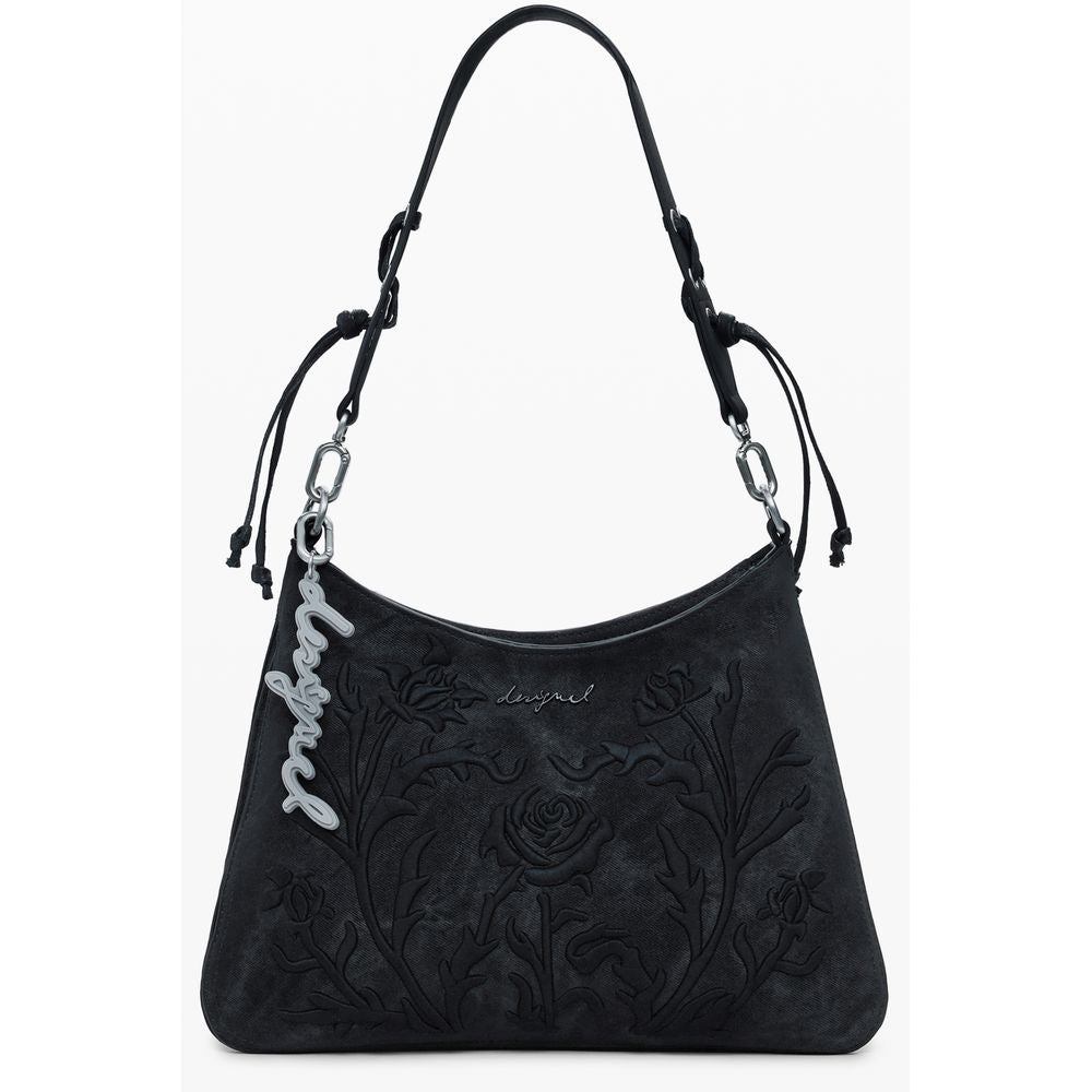 Desigual Black Polyethylene Women Handbag with floral embroidery and adjustable strap.