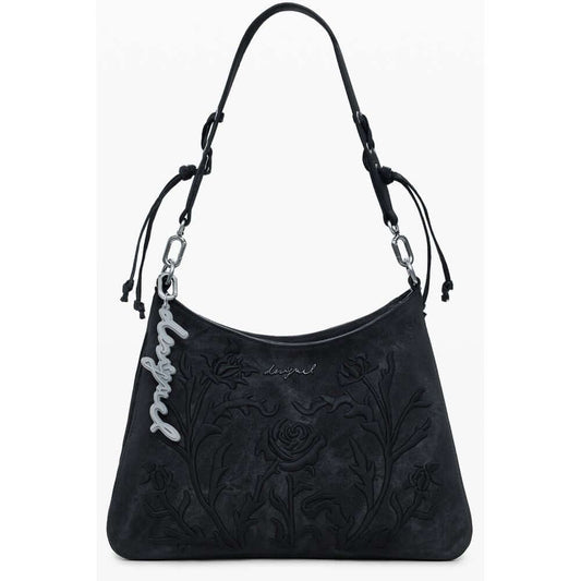 Desigual Black Polyethylene Women Handbag with floral embroidery and removable shoulder strap.