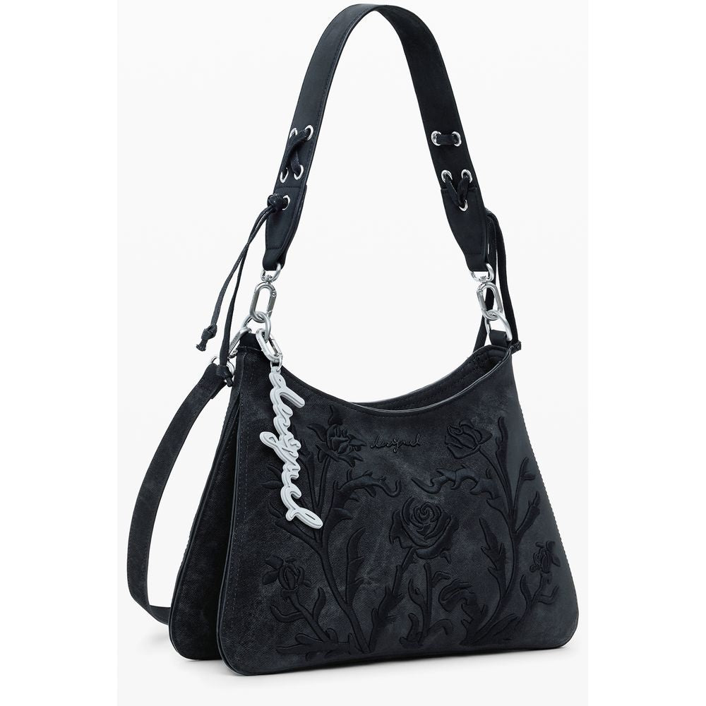 Desigual Black Polyethylene Women Handbag with floral embroidery and detachable shoulder strap