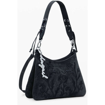 Desigual Black Polyethylene Women Handbag with floral embroidery and detachable shoulder strap