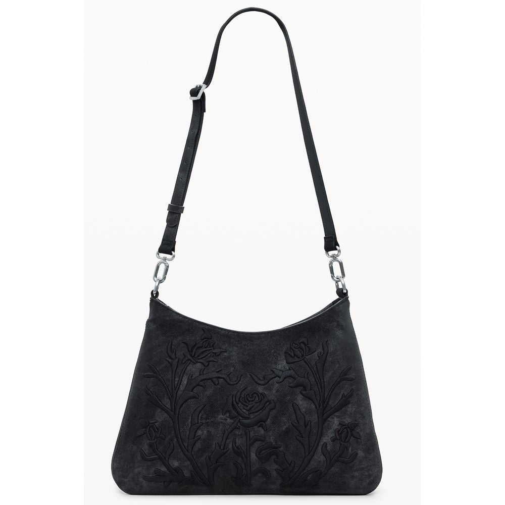 Desigual Black Polyethylene Women Handbag with floral embroidery and adjustable strap.