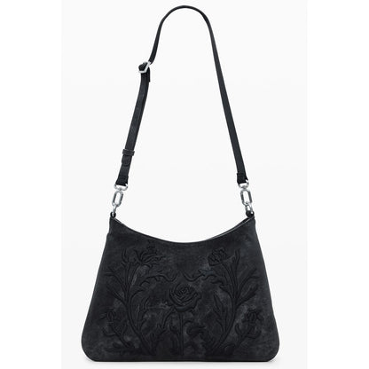 Desigual Black Polyethylene Women Handbag with floral embroidery and adjustable strap.