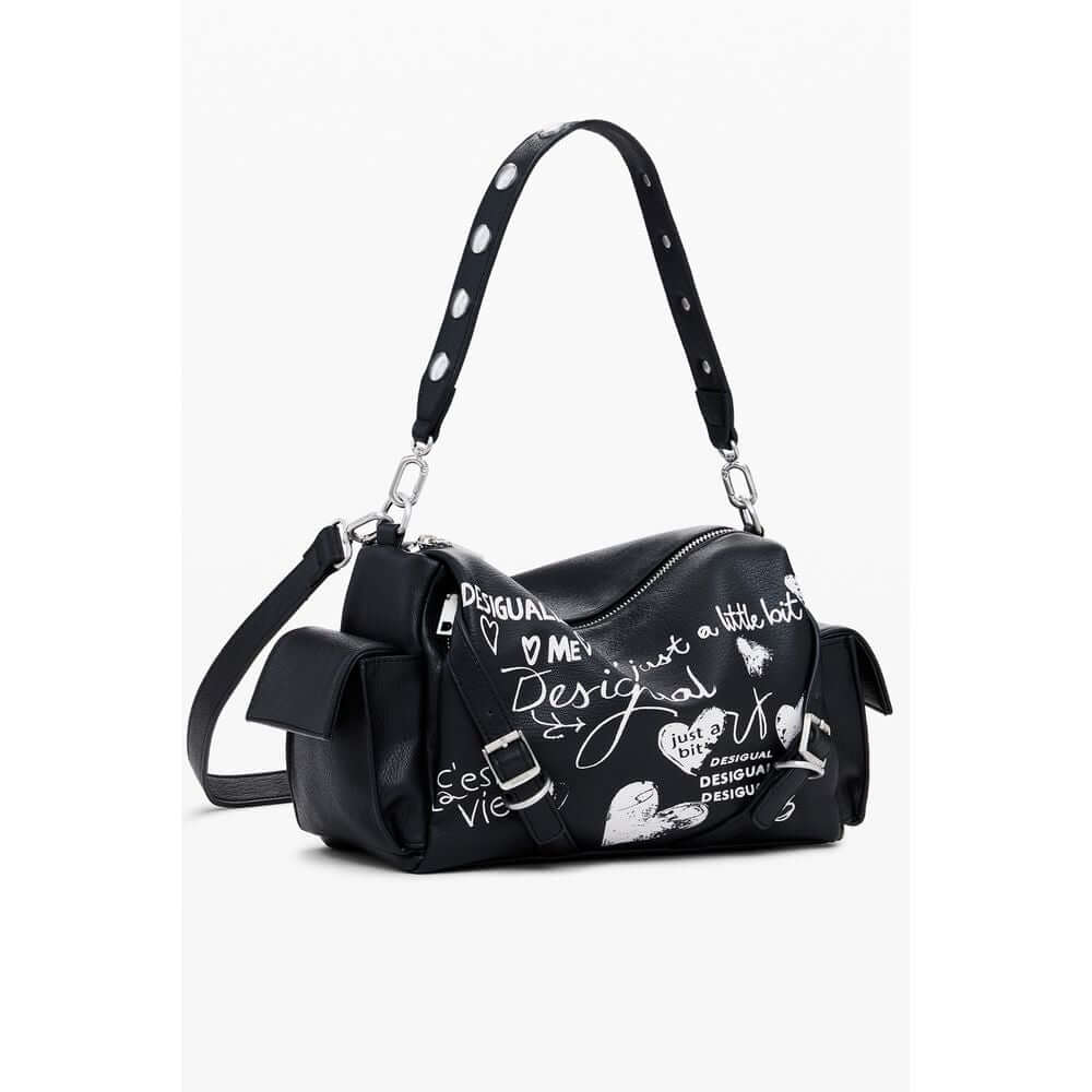 Desigual Black Polyethylene Women Handbag with adjustable strap and multiple pockets, showcasing unique contrasting details.