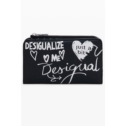 Desigual Black Polyethylene Women Wallet with graffiti style design, featuring zip closure and spacious compartments for cards and coins.