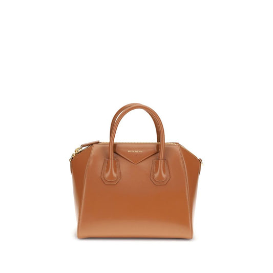 Givenchy Brown Calf Leather Bos Taurus Handbag with glossy finish, featuring round handles, zipper closure, and removable shoulder strap.