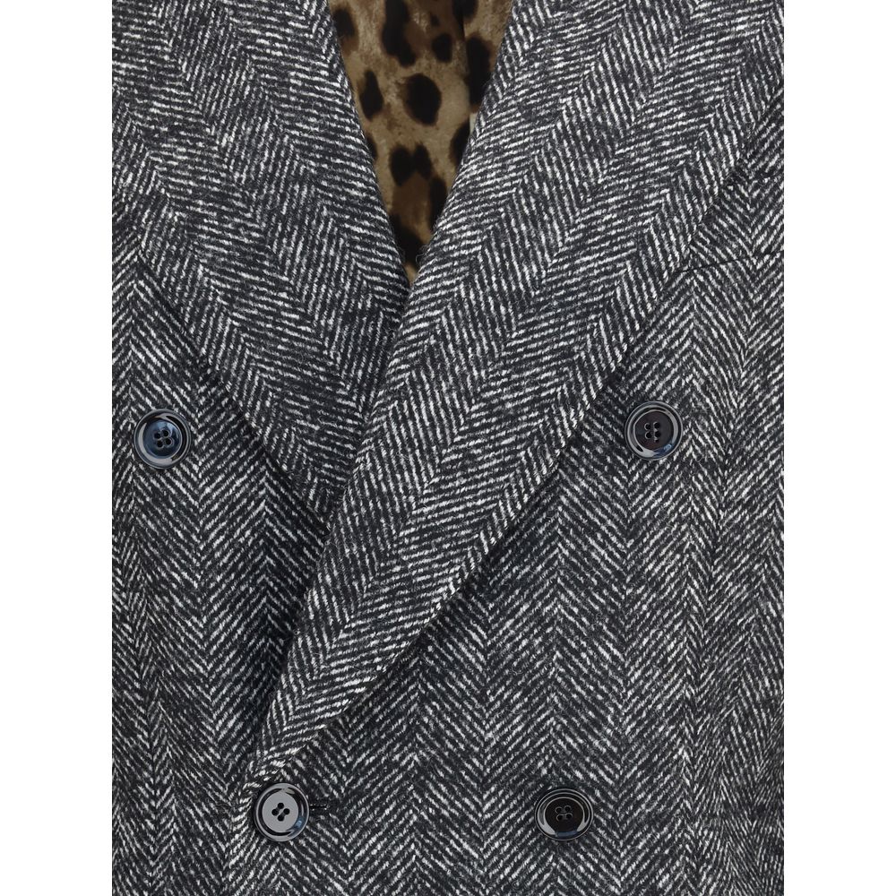 Dolce & Gabbana Gray Fleece Wool Blazer with double-breasted chevron design and peaked lapels, ideal for formal wear.