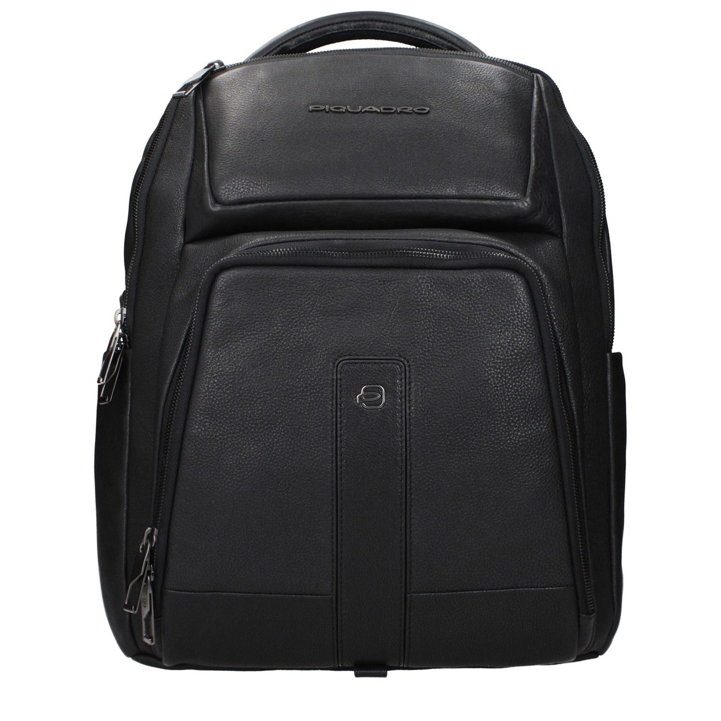Piquadro Black Leather Backpack with front and back logo, adjustable straps, ipad/pc case, and vintage effect design.