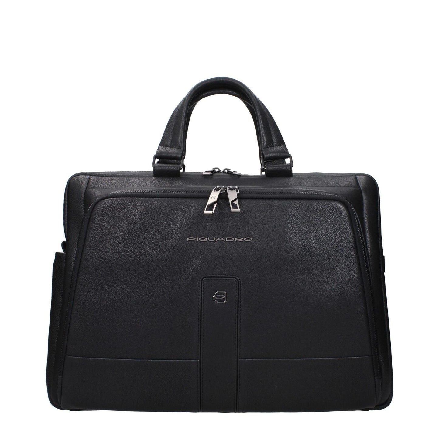 Piquadro Black Leather Business And Laptop Bag with adjustable shoulder, removable strap, front and back logos, vintage effect, MPN CA6025S129N.