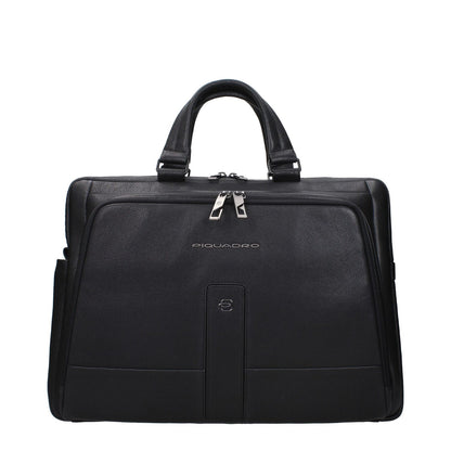 Piquadro Black Leather Business And Laptop Bag with adjustable shoulder, removable strap, front and back logos, vintage effect, MPN CA6025S129N.