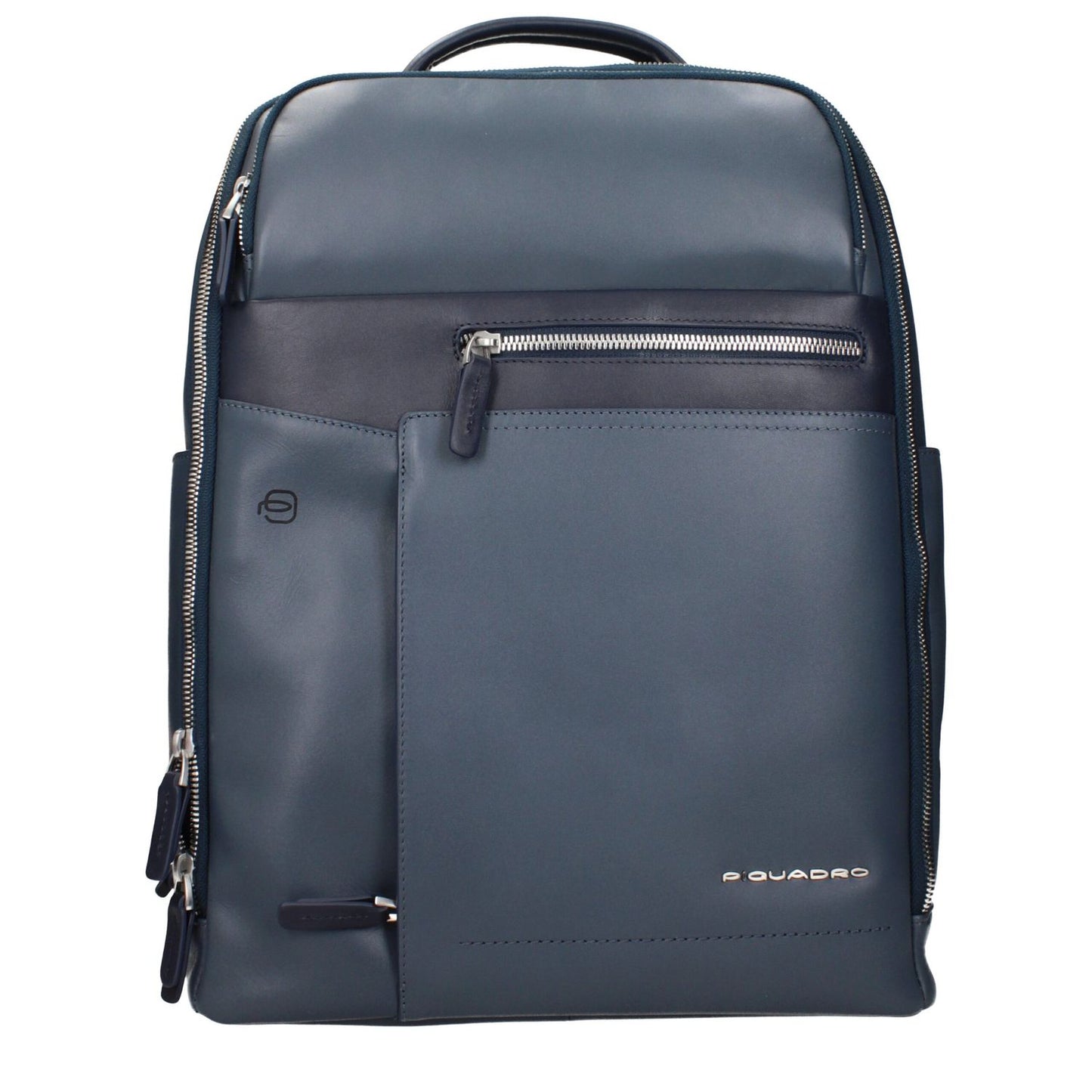 Piquadro Blue Leather Backpack with front and back logos, adjustable straps, and iPad/PC cases featuring a vintage and aged effect.