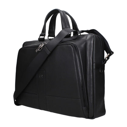 Piquadro Black Leather Business And Laptop Bag with adjustable strap, front and back logos, designed for laptops and iPads