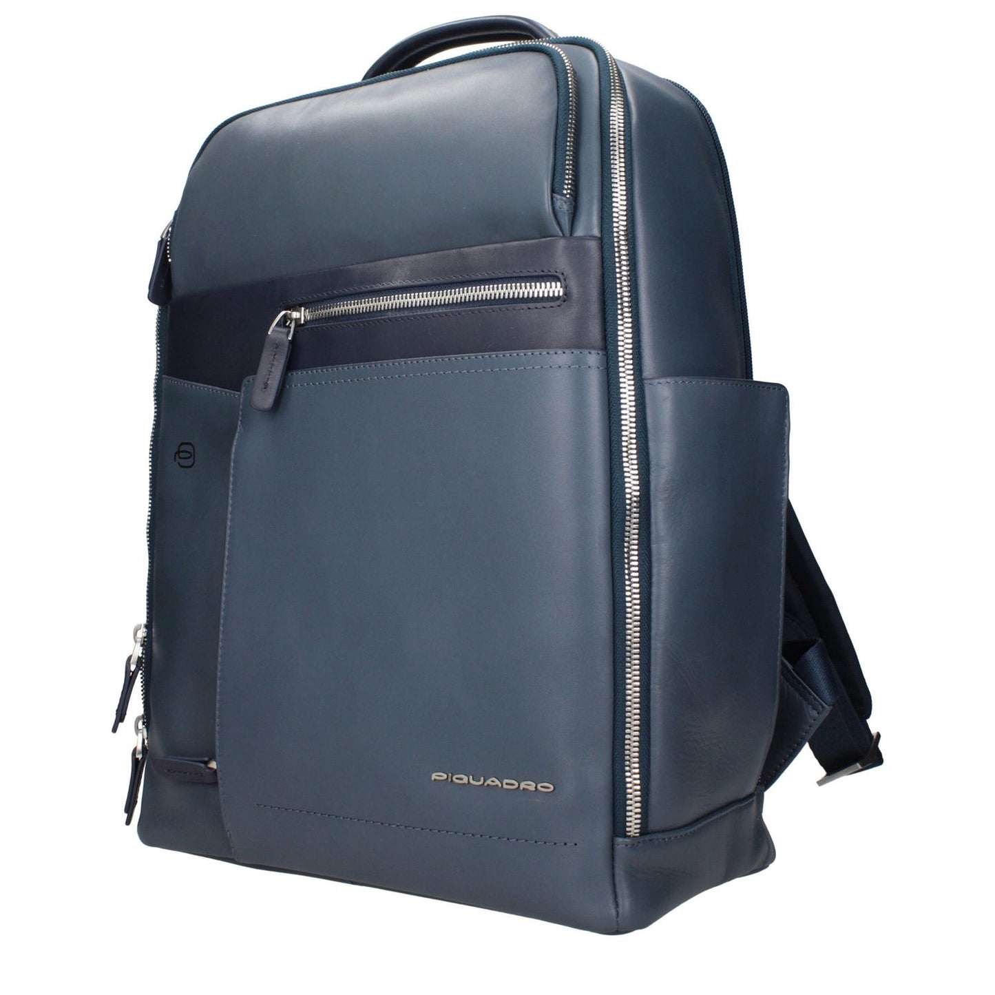 Piquadro Blue Leather Backpack with adjustable straps, aged vintage effect, and front and back logos, ideal for iPad/PC cases.