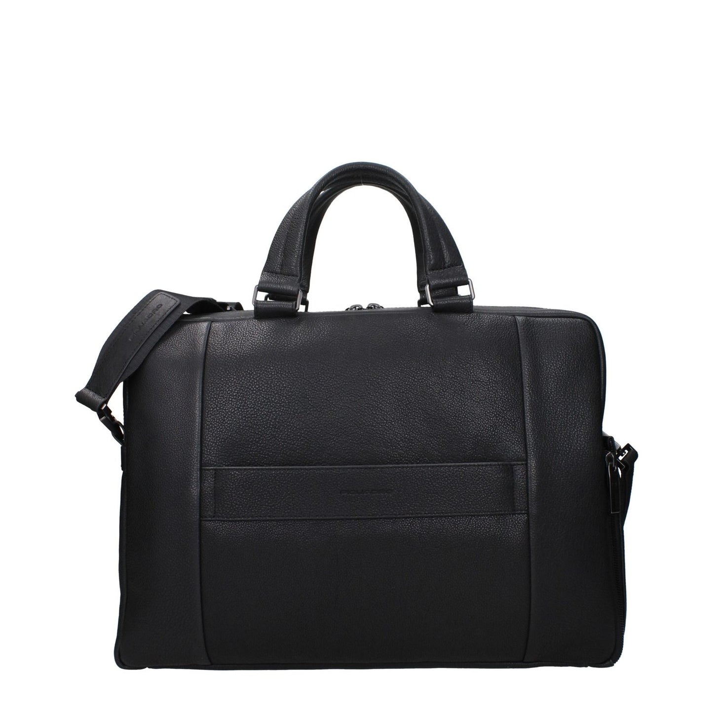 Piquadro Black Leather Business And Laptop Bag with adjustable and removable shoulder strap, featuring front and back logos, vintage style