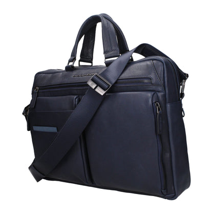 Piquadro Blue Leather Business And Laptop Bag with adjustable shoulder strap and PC case, featuring front and back logos.