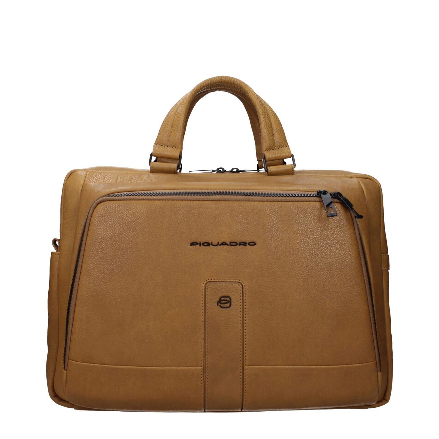 Piquadro Beige Leather Business And Laptop Bag with adjustable shoulder strap, front and back logos, ideal for work and laptop storage.