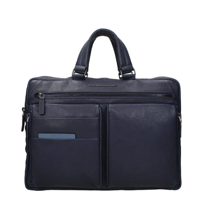 Piquadro Blue Leather Business And Laptop Bag with adjustable strap, front and back logo, ideal for iPad/PC. MPN CA6025S122BLU.