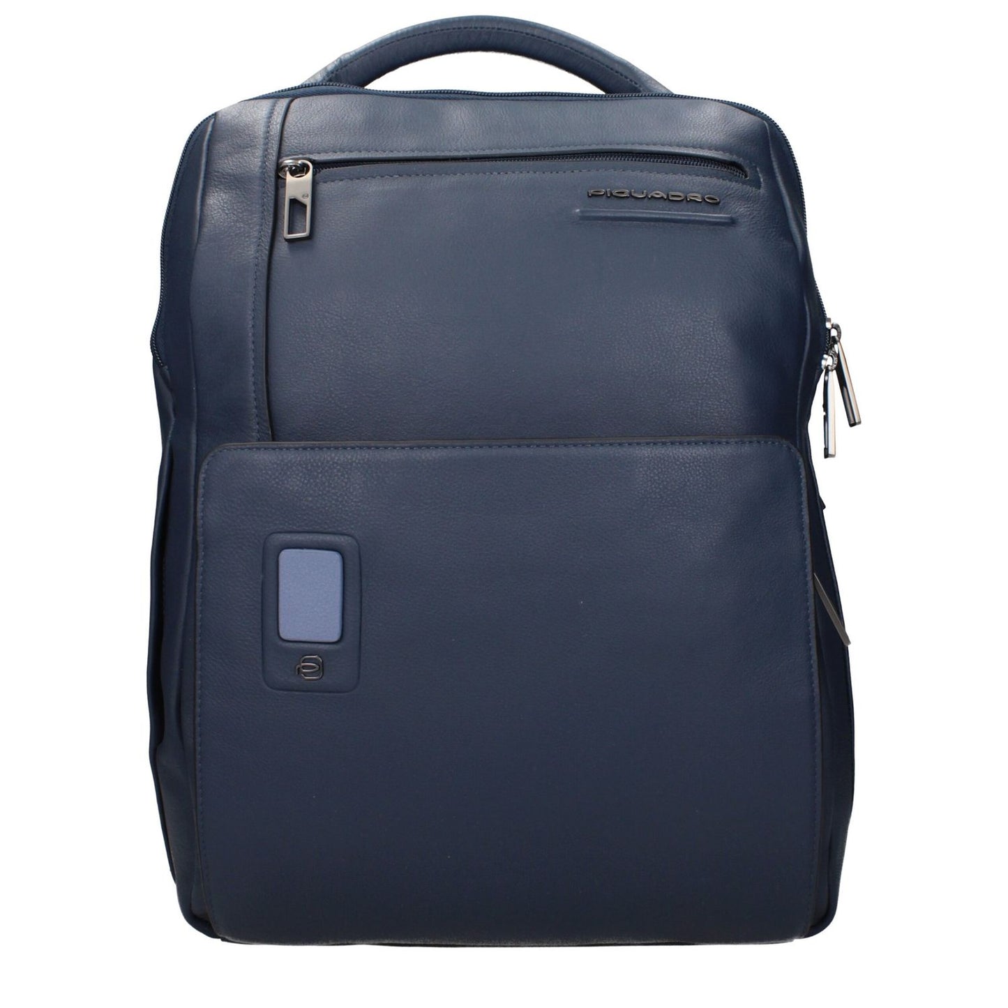 Piquadro Blue Leather Backpack with MPN CA5105AOBLU, featuring front logo and back adjustable straps for iPad/PC cases.