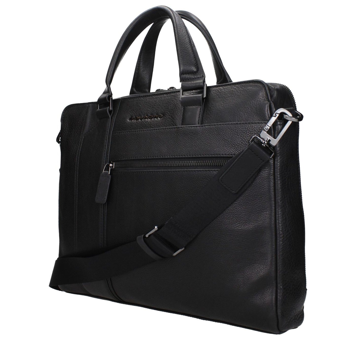 Piquadro Black Leather Business And Laptop Bag with adjustable strap, vintage effect, and front logo