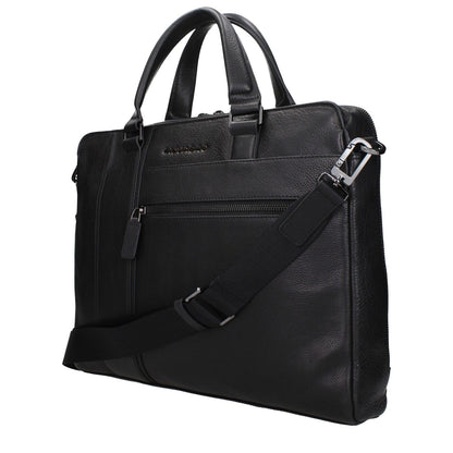 Piquadro Black Leather Business And Laptop Bag with adjustable strap, vintage effect, and front logo