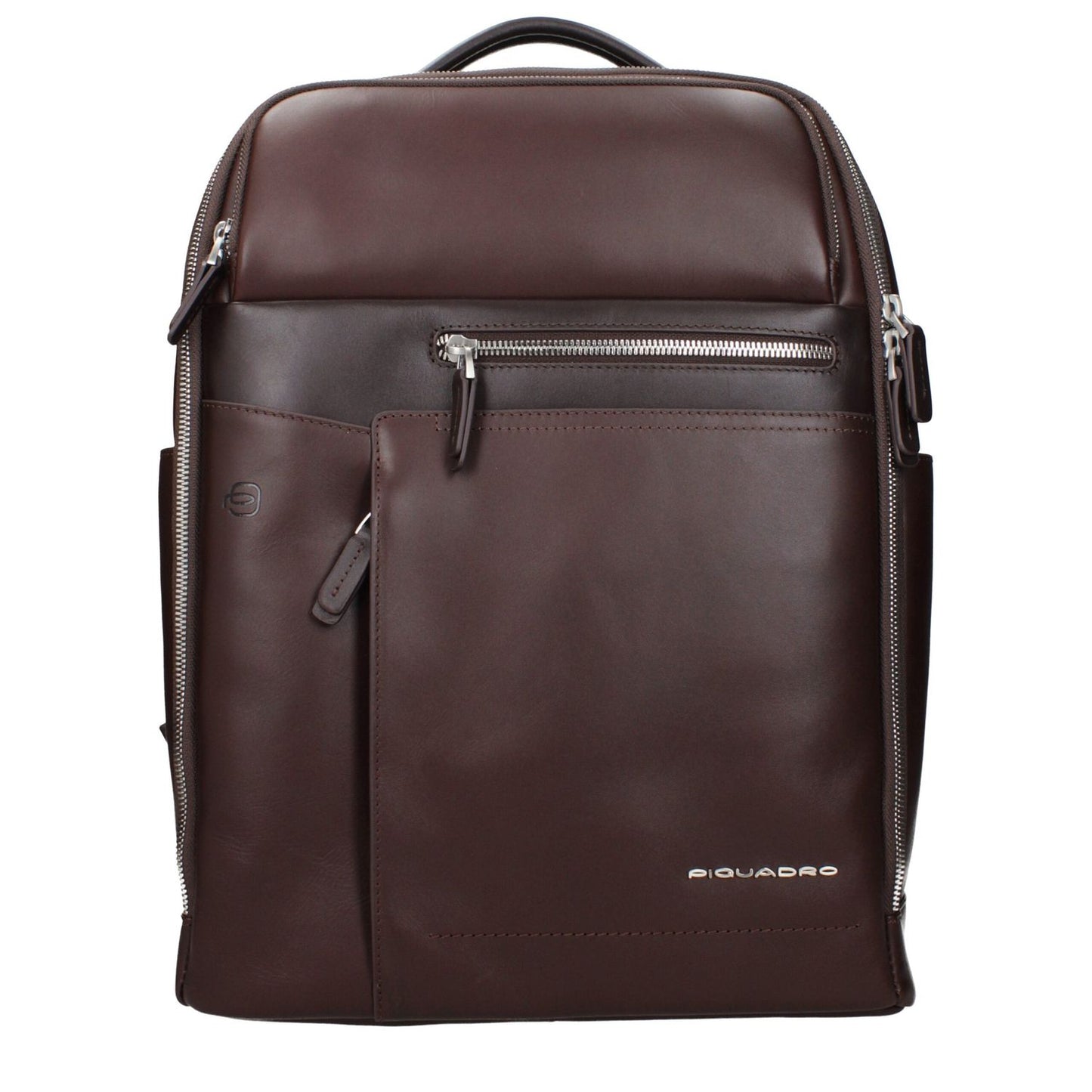 Piquadro Brown Leather Backpack with adjustable straps, zip closure, and vintage effect, featuring front and back logos.
