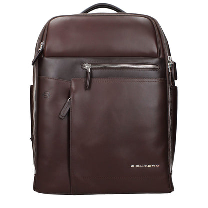 Piquadro Brown Leather Backpack with adjustable straps, zip closure, and vintage effect, featuring front and back logos.