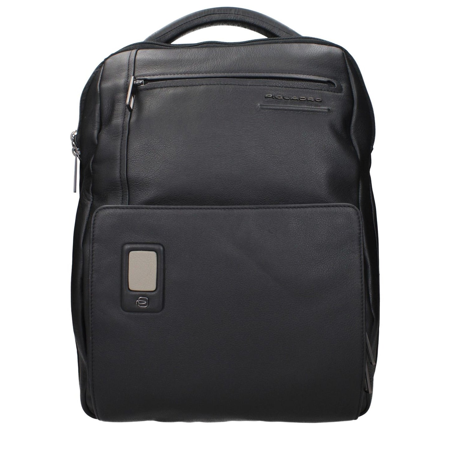 Piquadro Black Leather Backpack with front logo, adjustable straps, and iPad/PC case compatibility, MPN CA5105AON, code F84381.