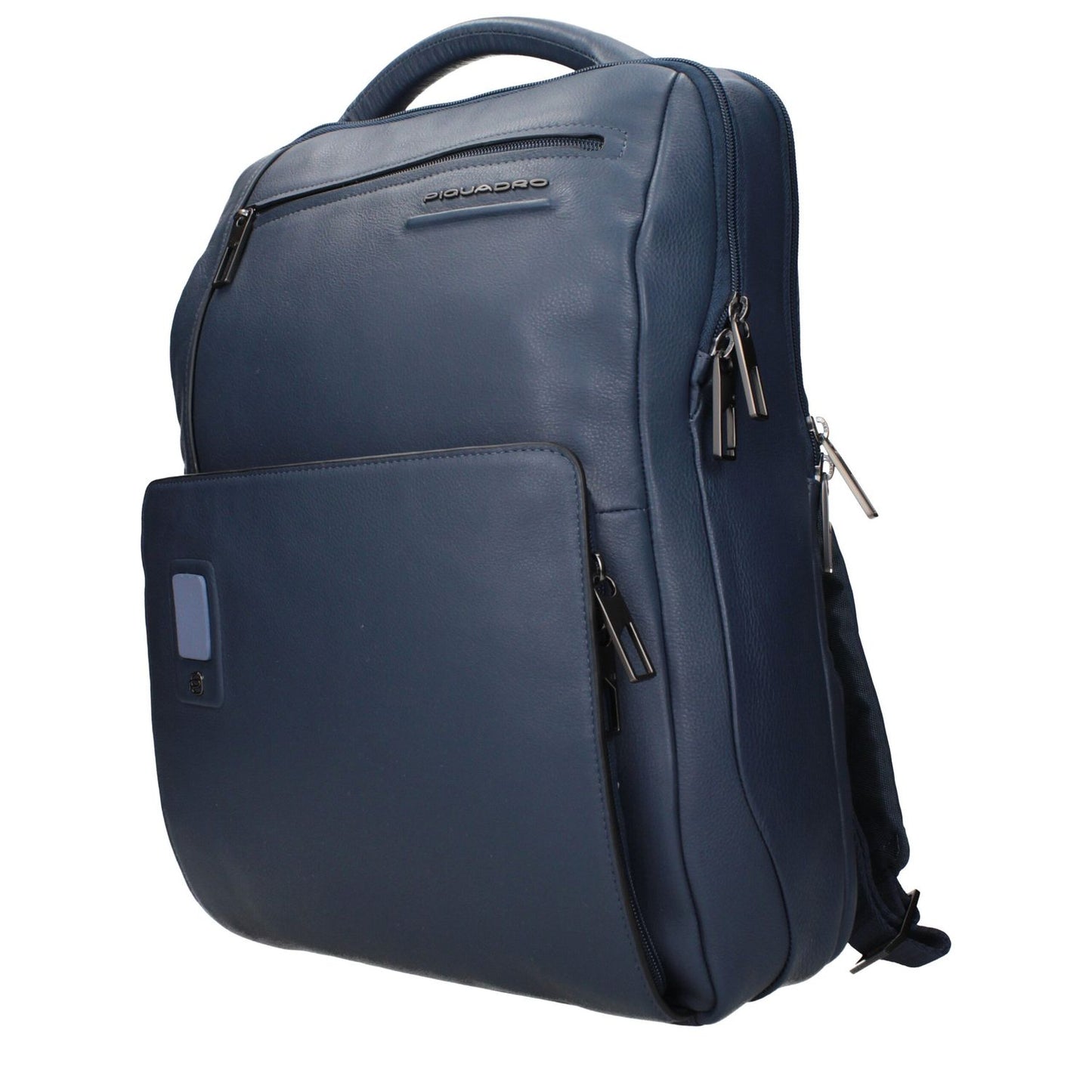 Piquadro Blue Leather Backpack with front logo, adjustable straps, and iPad/PC case, model CA5105AOBLU and code F84381.