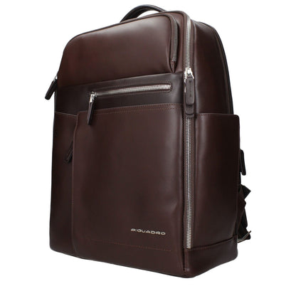 Piquadro Brown Leather Backpack with adjustable straps and zip closure, featuring front and back logos, ideal for casual use and device storage.