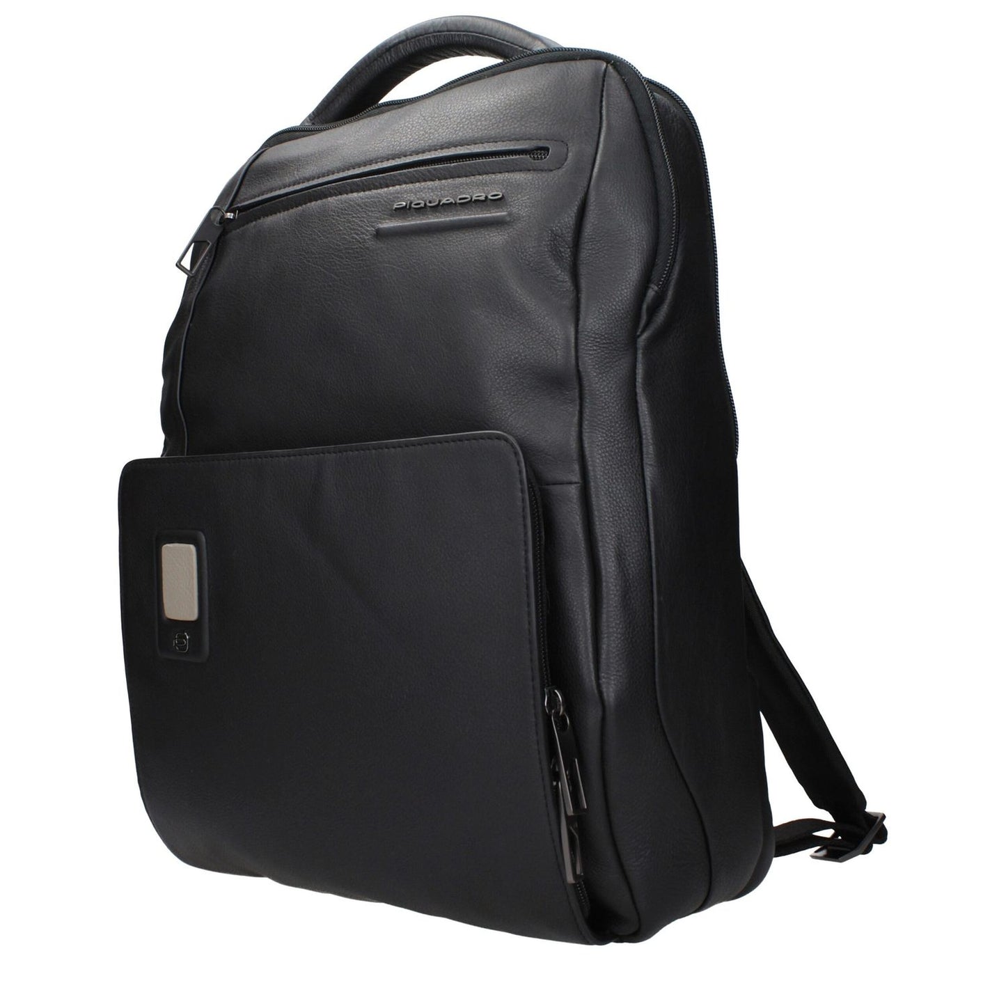 Piquadro Black Leather Backpack with front logo, adjustable straps, and iPad/PC cases. MPN CA5105AON, code F84381.