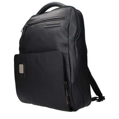Piquadro Black Leather Backpack with front logo, adjustable straps, and iPad/PC cases. MPN CA5105AON, code F84381.