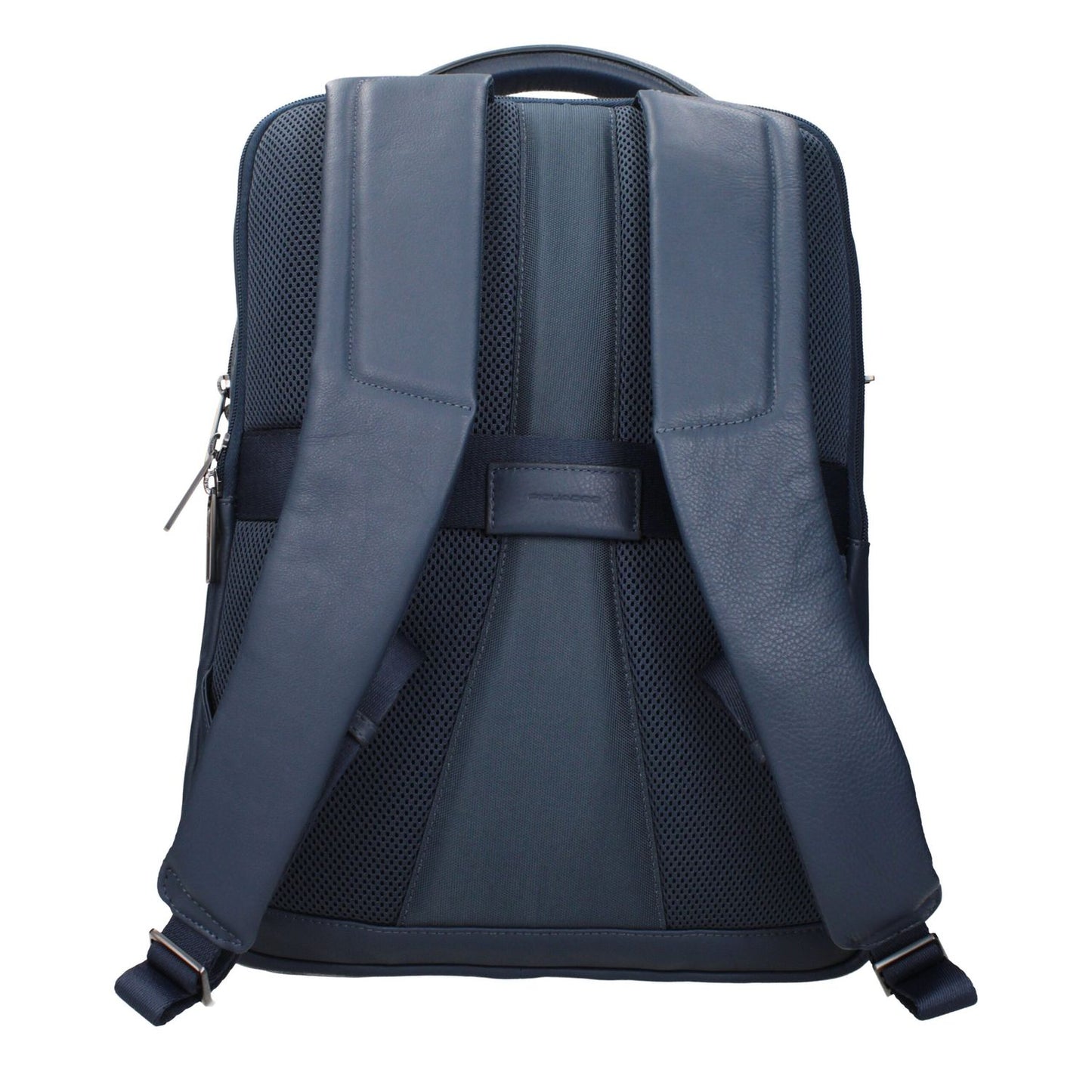 Back view of Piquadro Blue Leather Backpack with adjustable straps and front logo, ideal for iPad/PC protection, MPN CA5105AOBLU.