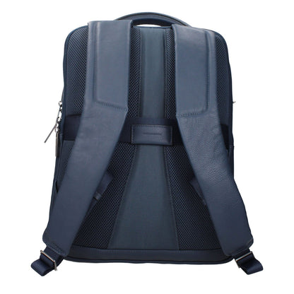 Back view of Piquadro Blue Leather Backpack with adjustable straps and front logo, ideal for iPad/PC protection, MPN CA5105AOBLU.