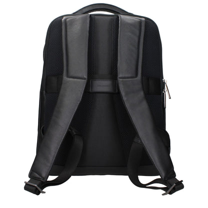 Back view of Piquadro Black Leather Backpack with adjustable straps and cushioned support, designed for iPad/PC cases.