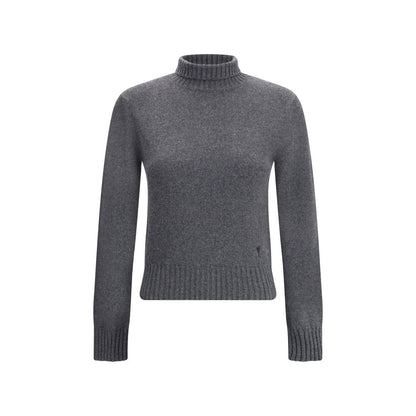 Ami Paris Gray Cashmere Turtleneck with ribbed trim and Ami De Coeur logo, perfect for elegant winter wardrobe.