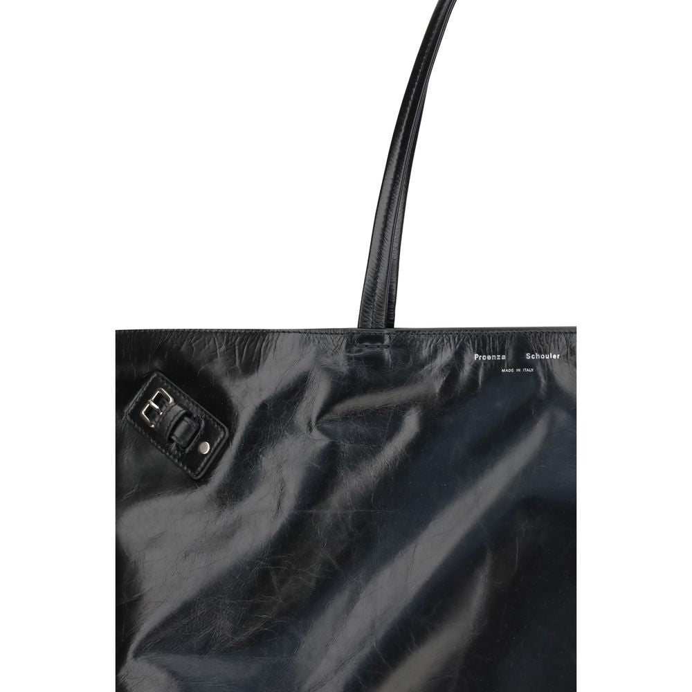 Proenza Schouler Black Leather Shoulder Bag with glossy finish and side buckle detail