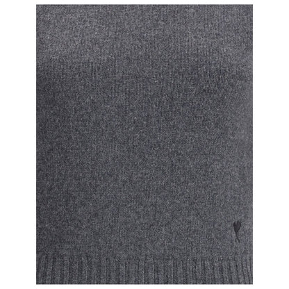 Ami Paris Gray Cashmere Turtleneck with ribbed hem and Ami De Coeur logo detail, showcasing a blend of elegance and contemporary style.