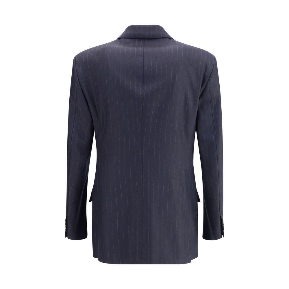 Back view of Tom Ford Blue Wool Blazer with pinstripes, showcasing double-breasted design and peaked lapels, perfect for a sophisticated look.