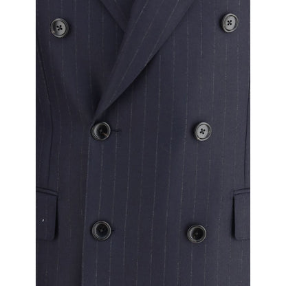 Close-up of Tom Ford Blue Wool Blazer featuring pinstripes, double-breasted buttons, and welt flap pockets.