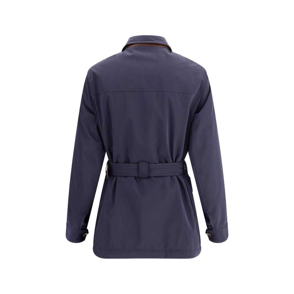 Back view of Brunello Cucinelli Blue Polyester Coat with structured collar and adjustable waist belt for style and function.