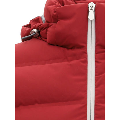 Detailed view of Brunello Cucinelli Red Polyester Jackets And Coat with zipper and hood adjusting drawstring.