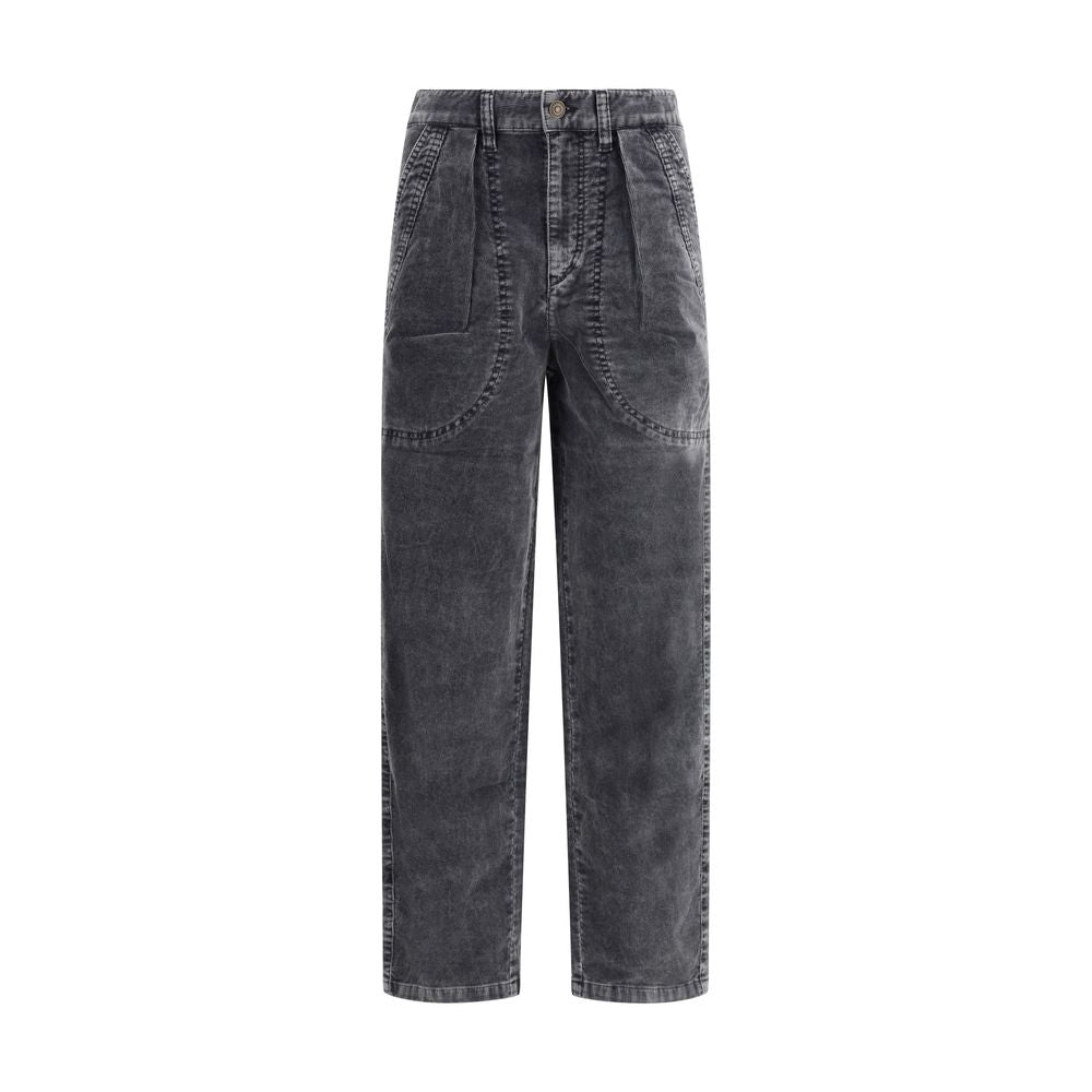 Marant Etoile Black Cotton Casual Pants with ribbed velvet, pleats, and side pockets.